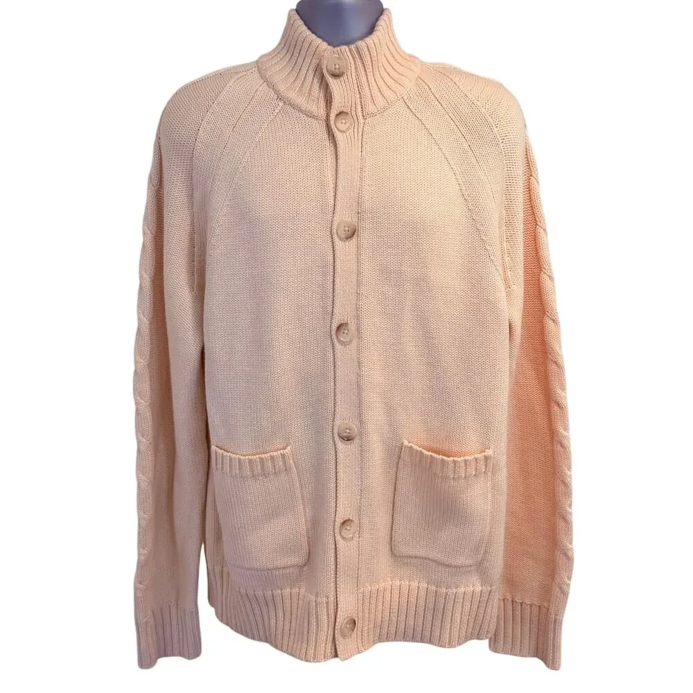 Banana Republic XL 100% Wool Cardigan Sweater Cream Cable Knit Button Pockets